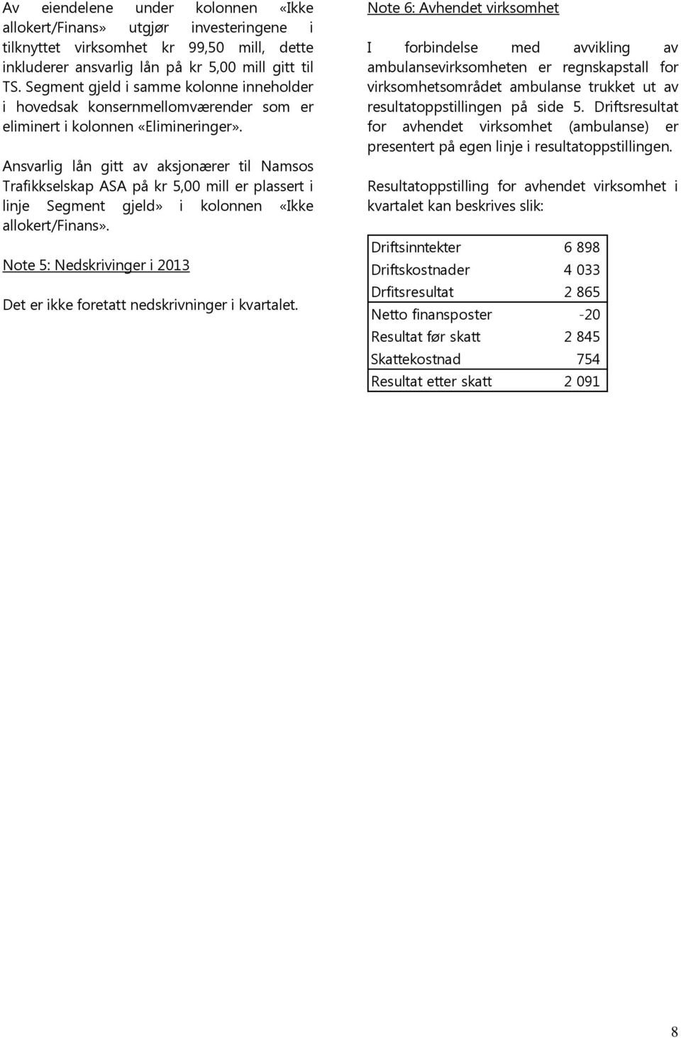 Ansvarlig lån gitt av aksjonærer til Namsos Trafikkselskap ASA på kr 5,00 mill er plassert i linje Segment gjeld» i kolonnen «Ikke allokert/finans».