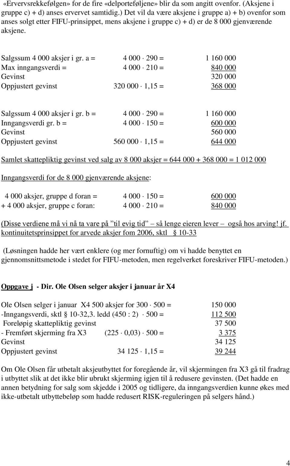 a = 4 000 290 = 1 160 000 Max inngangsverdi = 4 000 210 = 840 000 Gevinst 320 000 Oppjustert gevinst 320 000 1,15 = 368 000 Salgssum 4 000 aksjer i gr. b = 4 000 290 = 1 160 000 Inngangsverdi gr.