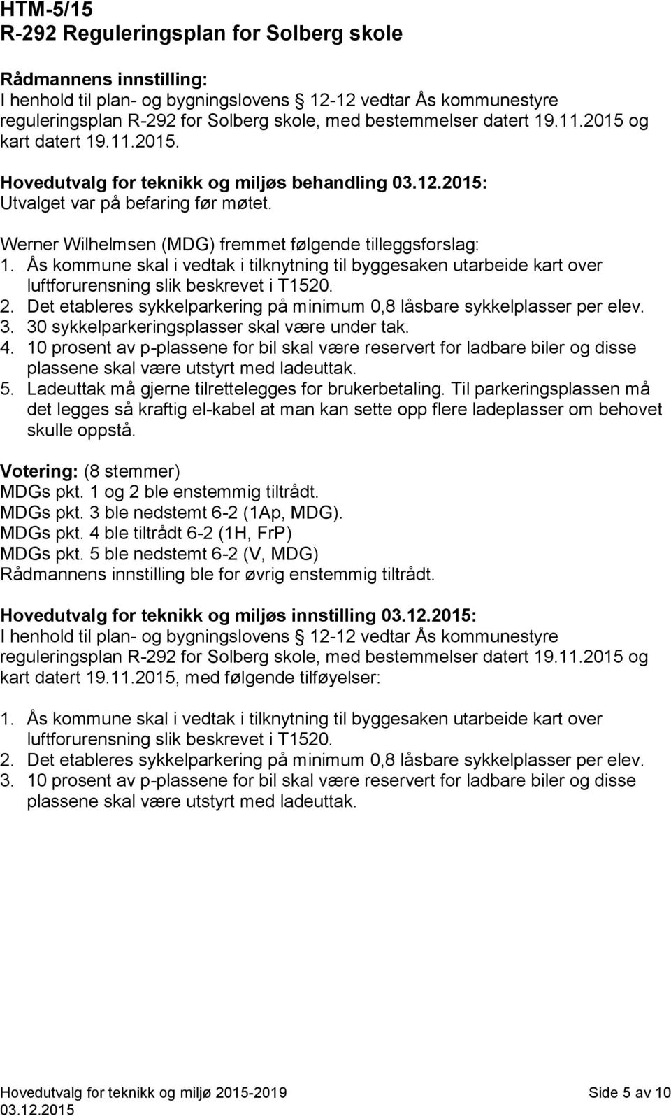 Ås kommune skal i vedtak i tilknytning til byggesaken utarbeide kart over luftforurensning slik beskrevet i T1520. 2. Det etableres sykkelparkering på minimum 0,8 låsbare sykkelplasser per elev. 3.