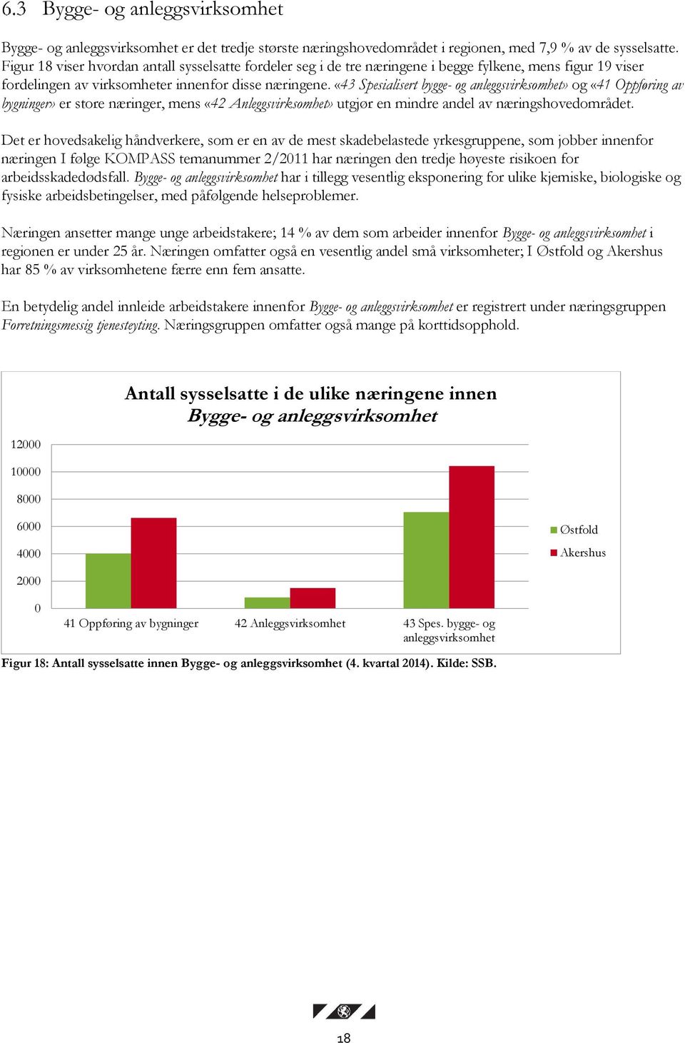 «43 Spesialisert bygge- og anleggsvirksomhet» og «41 Oppføring av bygninger» er store næringer, mens «42 Anleggsvirksomhet» utgjør en mindre andel av næringshovedområdet.