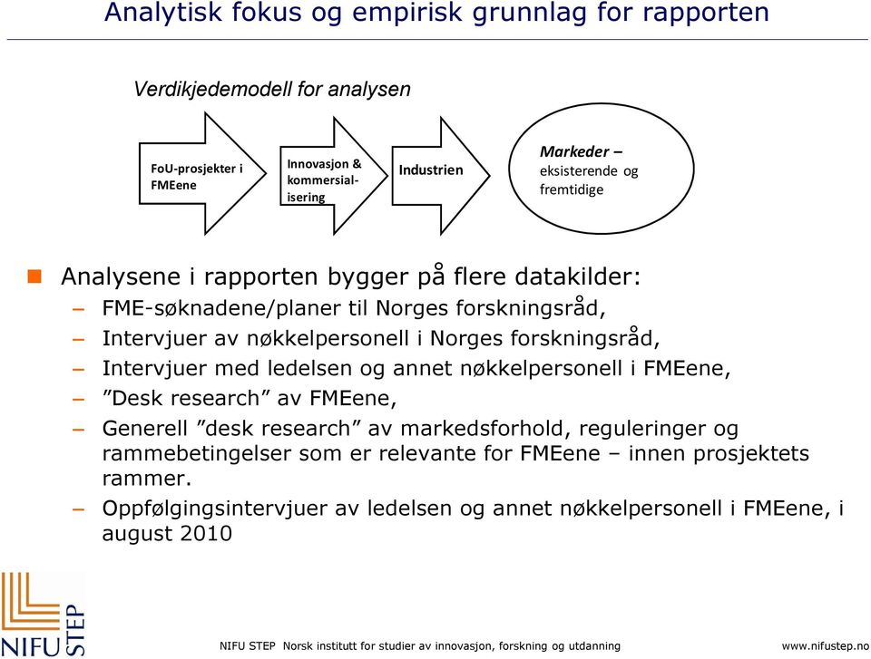 Norges forskningsråd, Intervjuer med ledelsen og annet nøkkelpersonell i FMEene, Desk research av FMEene, Generell desk research av markedsforhold,