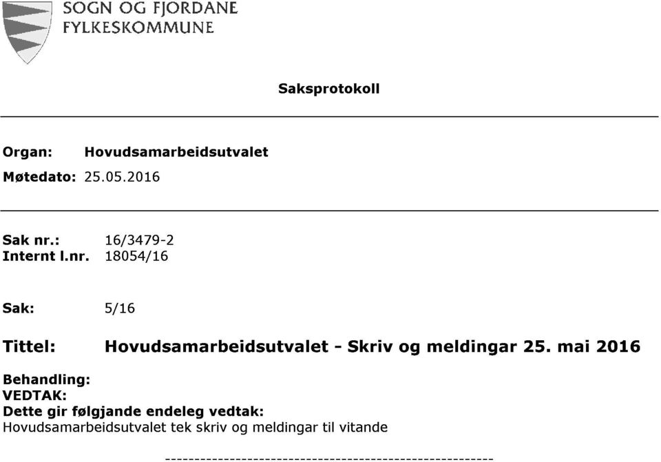 18054 / 16 Sak: 5 / 16 Tittel: Hovudsamarbeidsutvalet - Skriv og meldingar 25.