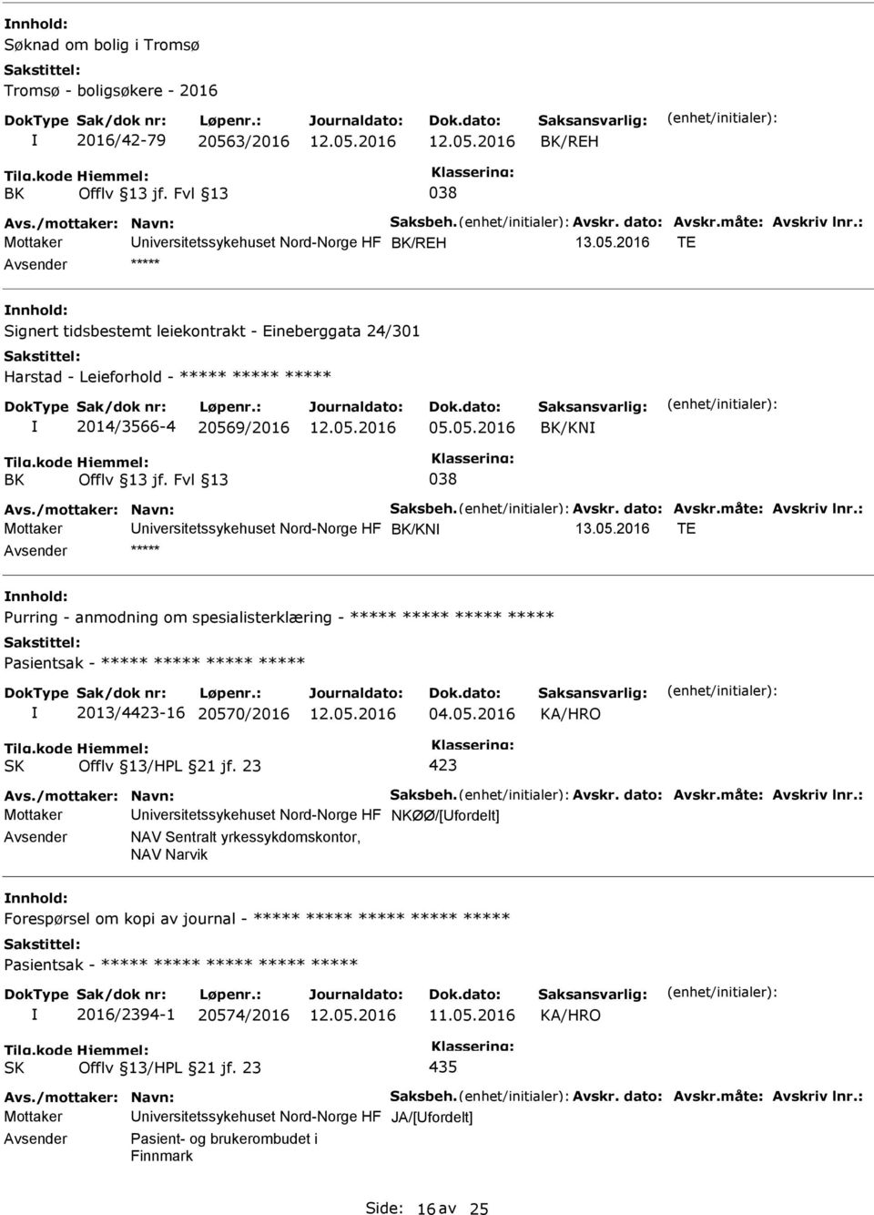 Fvl 13 038 Avs./mottaker: Navn: Saksbeh. Avskr. dato: Avskr.måte: Avskriv lnr.: Mottaker niversitetssykehuset Nord-Norge HF BK/KN 13.05.