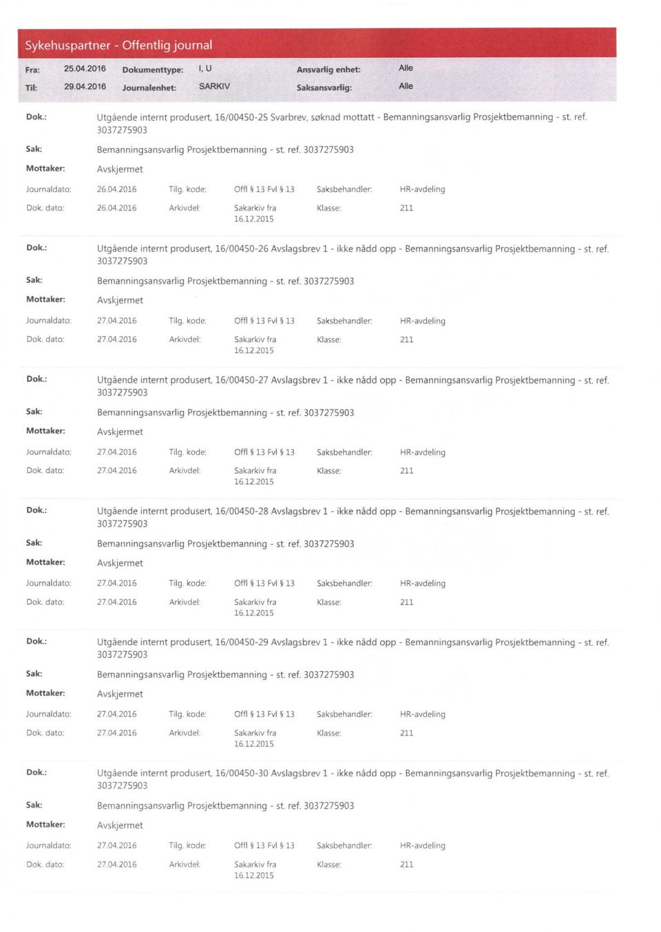 2016 Tilg. kode: Offl 13 Fv1 13 Saksbehandler: HR-avdeling 26.04.