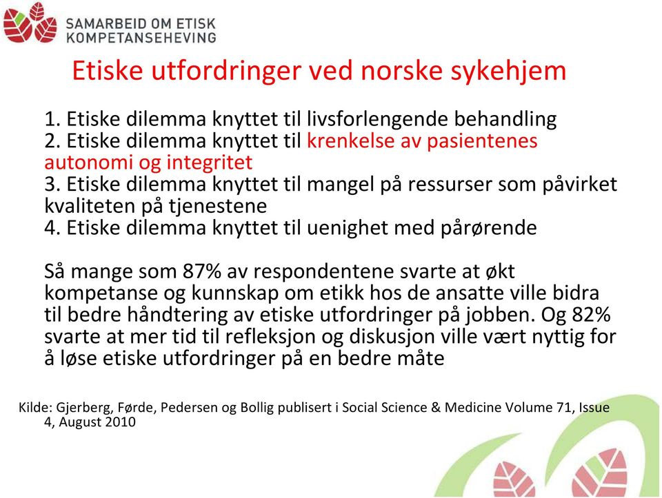 Etiske dilemma knyttet til uenighet med pårørende Såmange som 87% av respondentene svarte at økt kompetanse og kunnskap om etikk hos de ansatte ville bidra til bedre