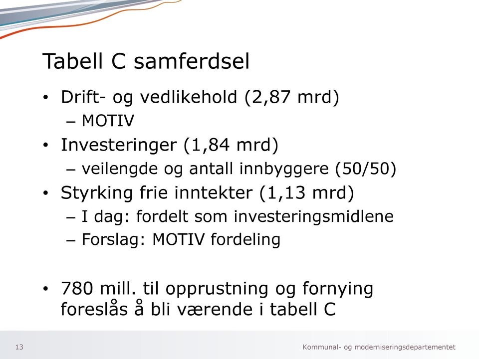 (1,13 mrd) I dag: fordelt som investeringsmidlene Forslag: MOTIV