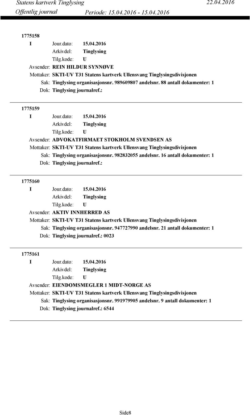 16 antall dokumenter: 1 Dok: journalref.: 1775160 Avsender: AKTIV INNHERRED AS Mottaker: SKTI-V T31 Statens kartverk llensvang sdivisjonen Sak: organisasjonsnr. 947727990 andelsnr.