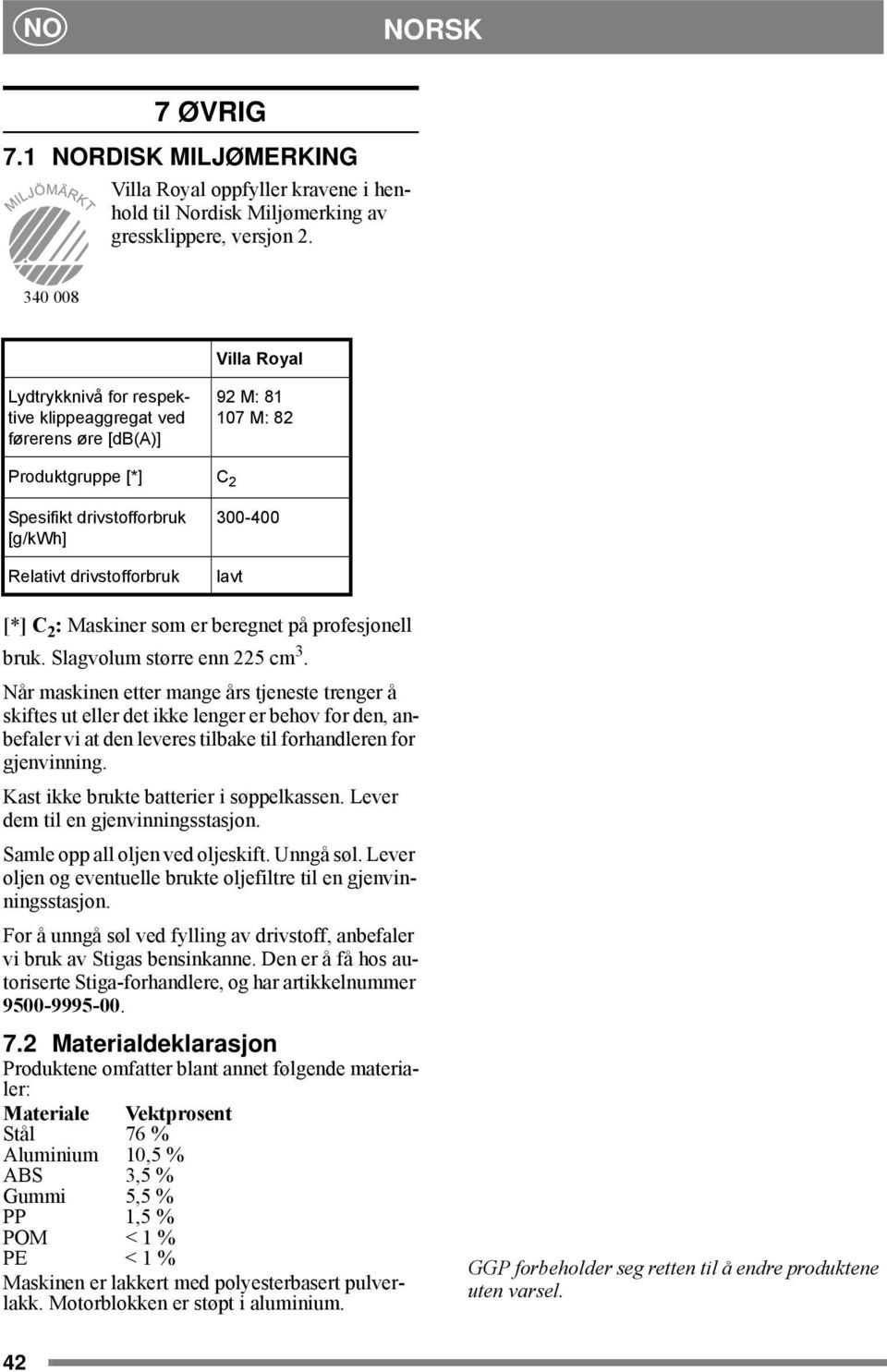 lavt [*] C 2 : Maskiner som er beregnet på profesjonell bruk. Slagvolum større enn 225 cm 3.