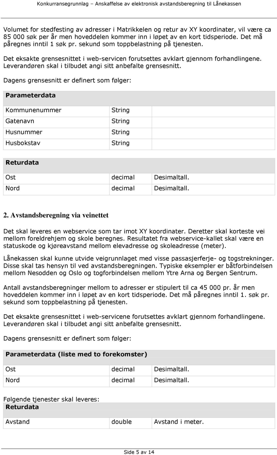 Dagens grensesnitt er definert som følger: Parameterdata Kommunenummer Gatenavn Husnummer Husbokstav String String String String Returdata Ost decimal Desimaltall. Nord decimal Desimaltall. 2.