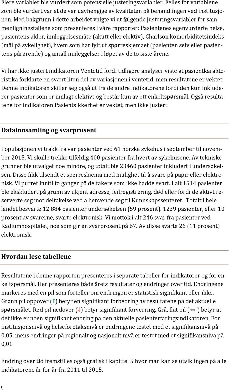 (akutt eller elektiv), Charlson komorbiditetsindeks (mål på sykelighet), hvem som har fylt ut spørreskjemaet (pasienten selv eller pasientens pårørende) og antall innleggelser i løpet av de to siste