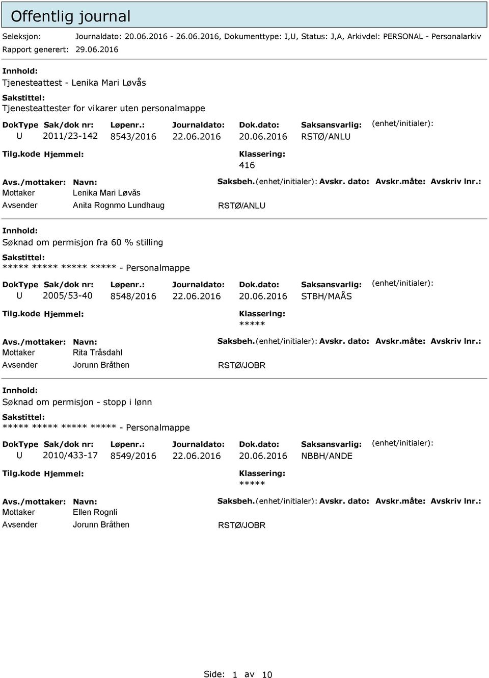 : Mottaker Lenika Mari Løvås Anita Rognmo Lundhaug RSTØ/ANL nnhold: Søknad om permisjon fra 60 % stilling - ersonalmappe 2005/53-40 8548/2016 STBH/MAÅS Avs.