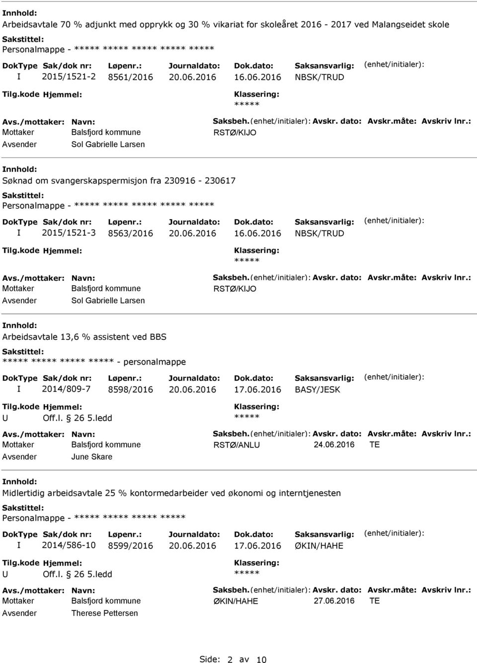 /mottaker: Navn: Saksbeh. Avskr. dato: Avskr.måte: Avskriv lnr.: RSTØ/KJO Sol Gabrielle Larsen nnhold: Arbeidsavtale 13,6 % assistent ved BBS - personalmappe 2014/809-7 8598/2016 BASY/JESK Avs.