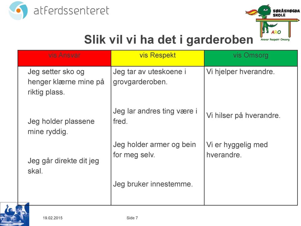 Jeg tar av uteskoene i grovgarderoben. Jeg lar andres ting være i fred.