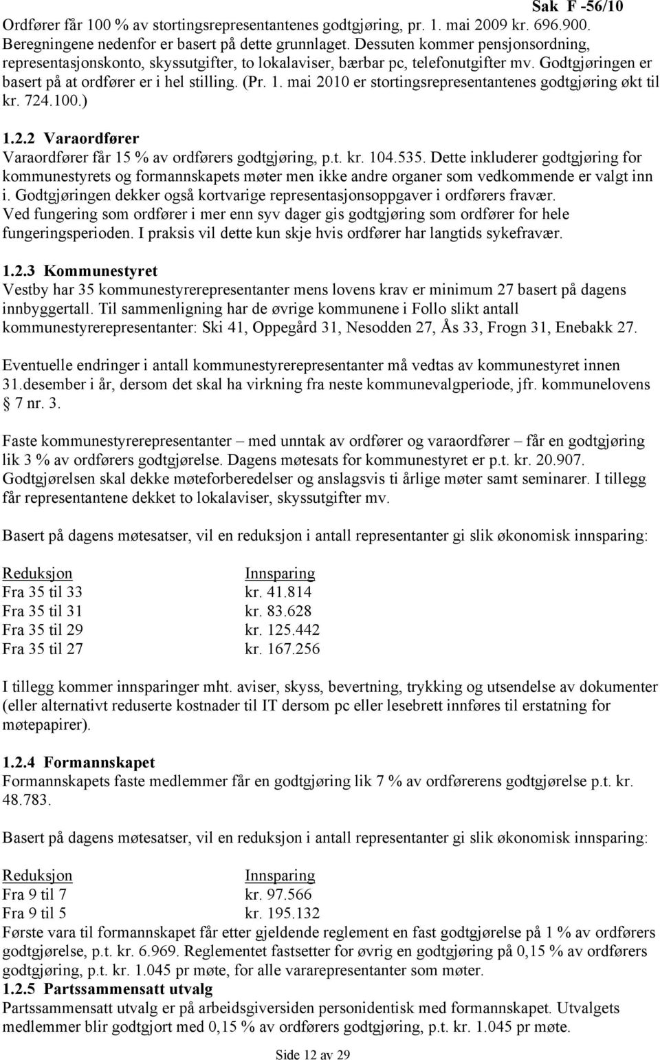 mai 2010 er stortingsrepresentantenes godtgjøring økt til kr. 724.100.) 1.2.2 Varaordfører Varaordfører får 15 % av ordførers godtgjøring, p.t. kr. 104.535.