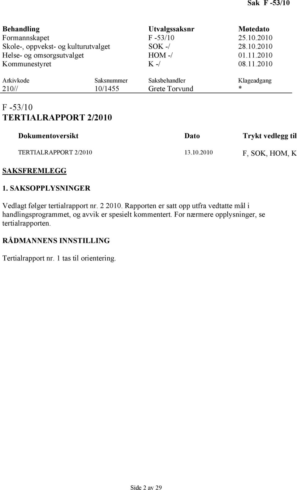 2010 Arkivkode Saksnummer Saksbehandler Klageadgang 210// 10/1455 Grete Torvund * F -53/10 TERTIALRAPPORT 2/2010 Dokumentoversikt Dato Trykt vedlegg til TERTIALRAPPORT 2/2010