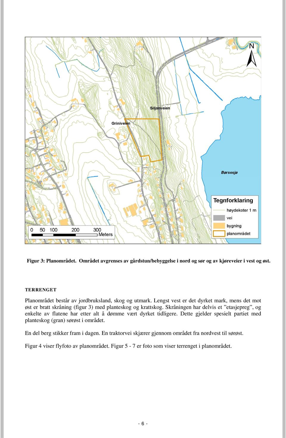 Lengst vest er det dyrket mark, mens det mot øst er bratt skråning (figur 3) med planteskog og krattskog.