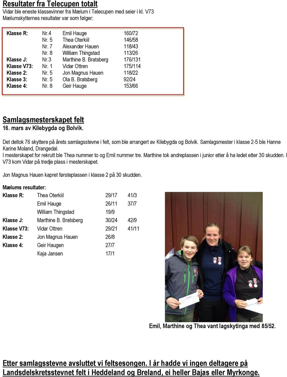 5 Jon Magnus Hauen 118/22 Klasse 3: Nr. 5 Ola B. Bratsberg 92/24 Klasse 4: Nr. 8 Geir Hauge 153/66 Samlagsmesterskapet felt 16. mars av Kilebygda og Bolvik.