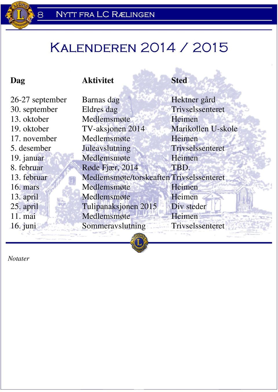 desember Juleavslutning Trivselssenteret 19. januar Medlemsmøte Heimen 8. februar Røde Fjær, 2014 TBD. 13.