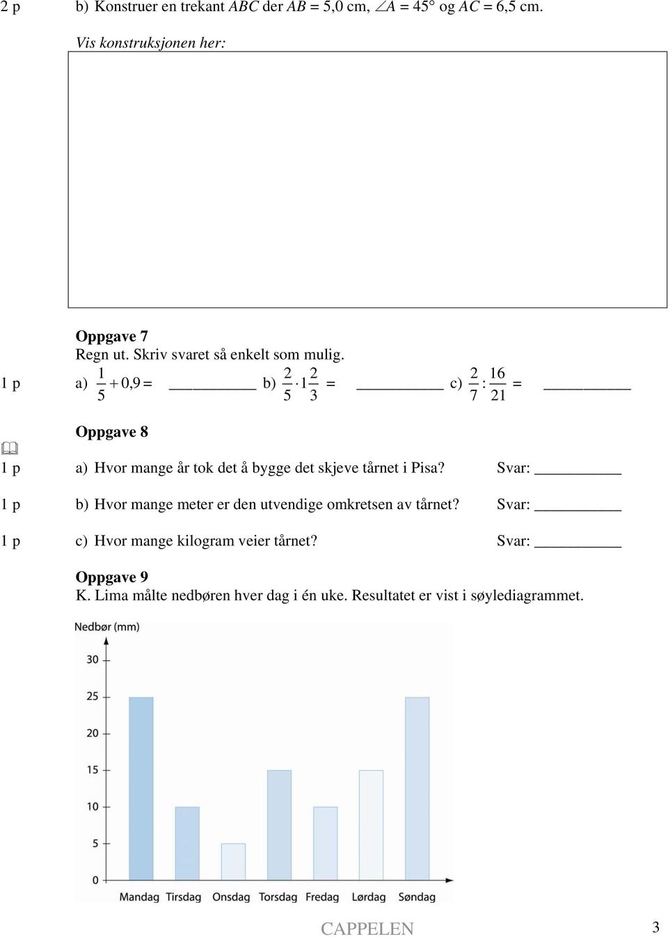 1 p a) 1 0, 9 2 2 2 16 + = b) 1 = c) 5 5 3 : 7 21 = Oppgave 8 1 p a) Hvor mange år tok det å bygge det skjeve tårnet i Pisa?