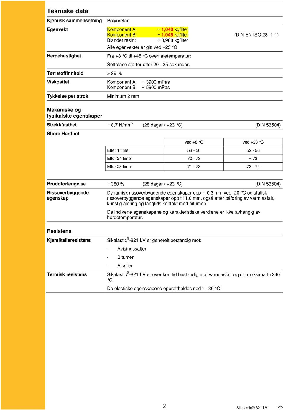 Viskositet Komponent A: ~ 3900 mpas Komponent B: ~ 5900 mpas Tykkelse per strøk Mekaniske og fysikalske egenskaper Minimum 2 mm Strekkfasthet ~ 8,7 N/mm 2 (28 dager / +23 C) (DIN 53504) Shore Hardhet