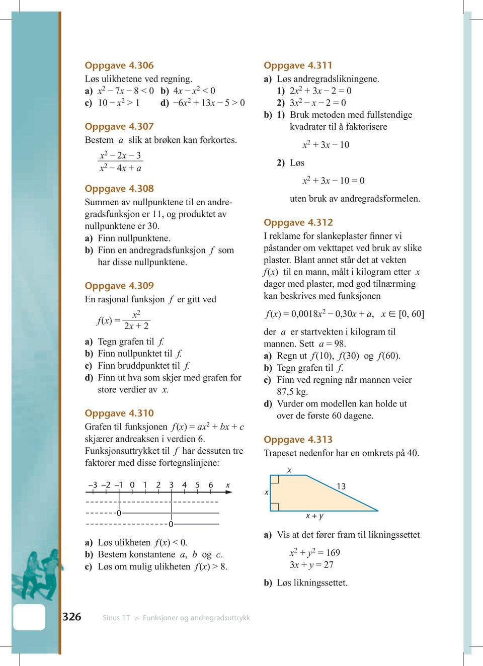 309 En rasjonal funksjon f er gitt ved f() = + a) Tegn grafen til f. b) Finn nullpunktet til f. c) Finn bruddpunktet til f. d) Finn ut hva som skjer med grafen for store verdier av. Oppgave 4.