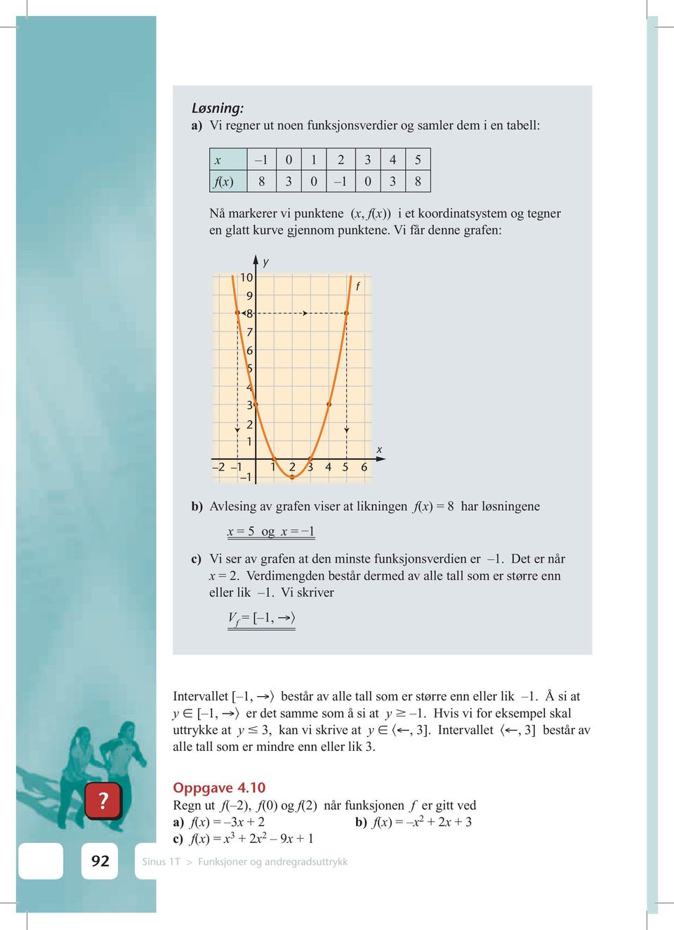 Vi får denne grafen: y 10 9 f 8 7 6 5 4 3 1 1 1 1 3 4 5 6 x b) Avlesing av grafen viser at likningen f(x) = 8 har løsningene x = 5 og x = 1 c) Vi ser av grafen at den minste funksjonsverdien er 1.