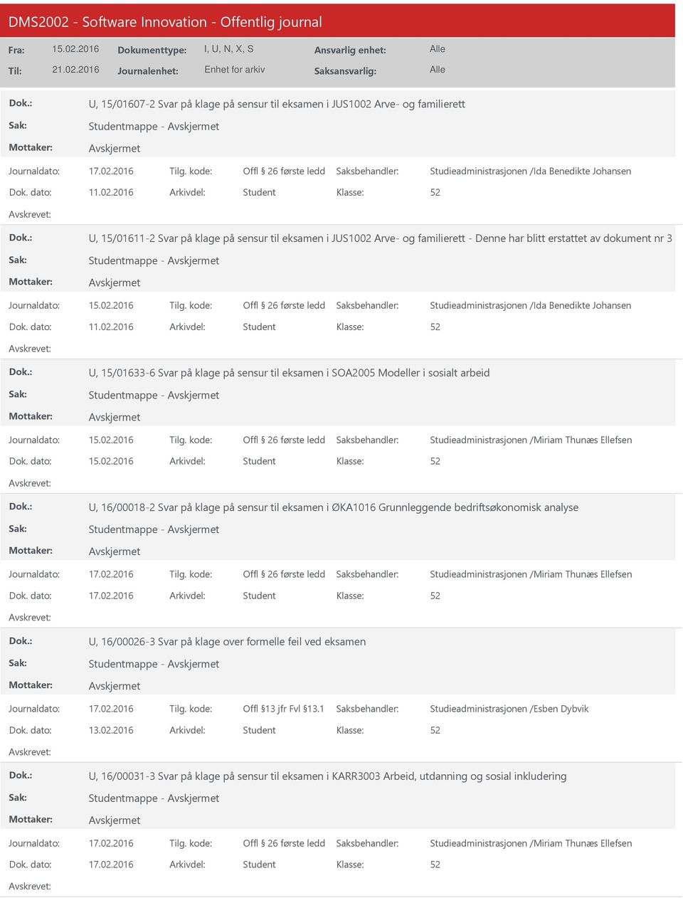 dato: Arkivdel: Student, 16/00018-2 Svar på klage på sensur til eksamen i ØKA1016 Grunnleggende bedriftsøkonomisk analyse, 16/00026-3 Svar på klage over formelle