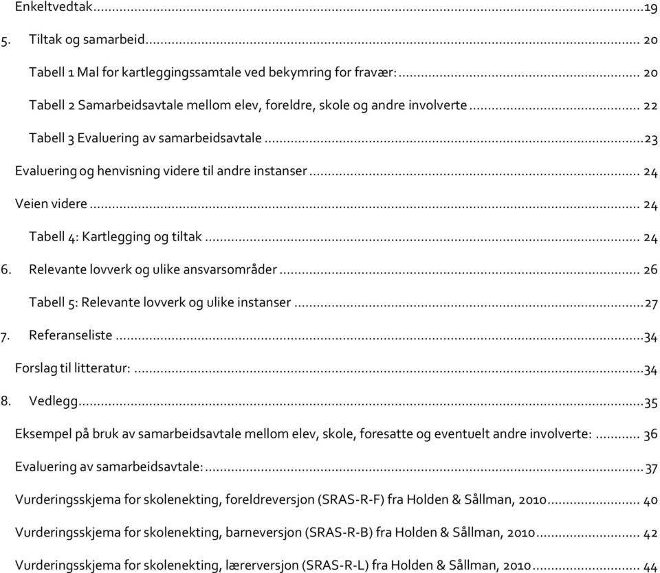 Relevante lovverk og ulike ansvarsområder... 26 Tabell 5: Relevante lovverk og ulike instanser... 27 7. Referanseliste...34 Forslag til litteratur:...34 8. Vedlegg.