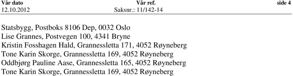 Bryne Kristin Fosshagen Hald, Grannessletta 171, 4052 Røyneberg Tone Karin Skorge,