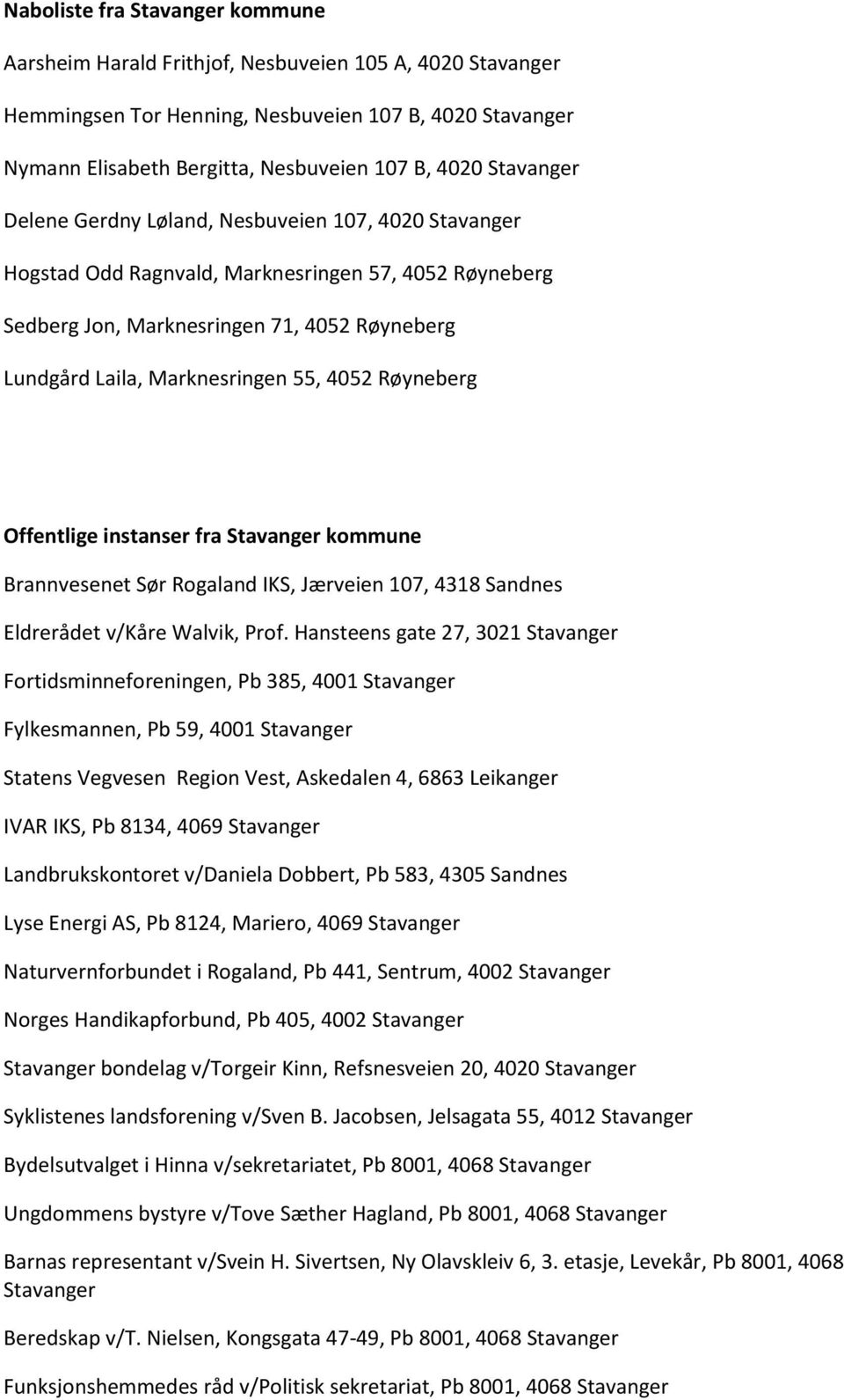 4052 Røyneberg Offentlige instanser fra Stavanger kommune Brannvesenet Sør Rogaland IKS, Jærveien 107, 4318 Sandnes Eldrerådet v/kåre Walvik, Prof.