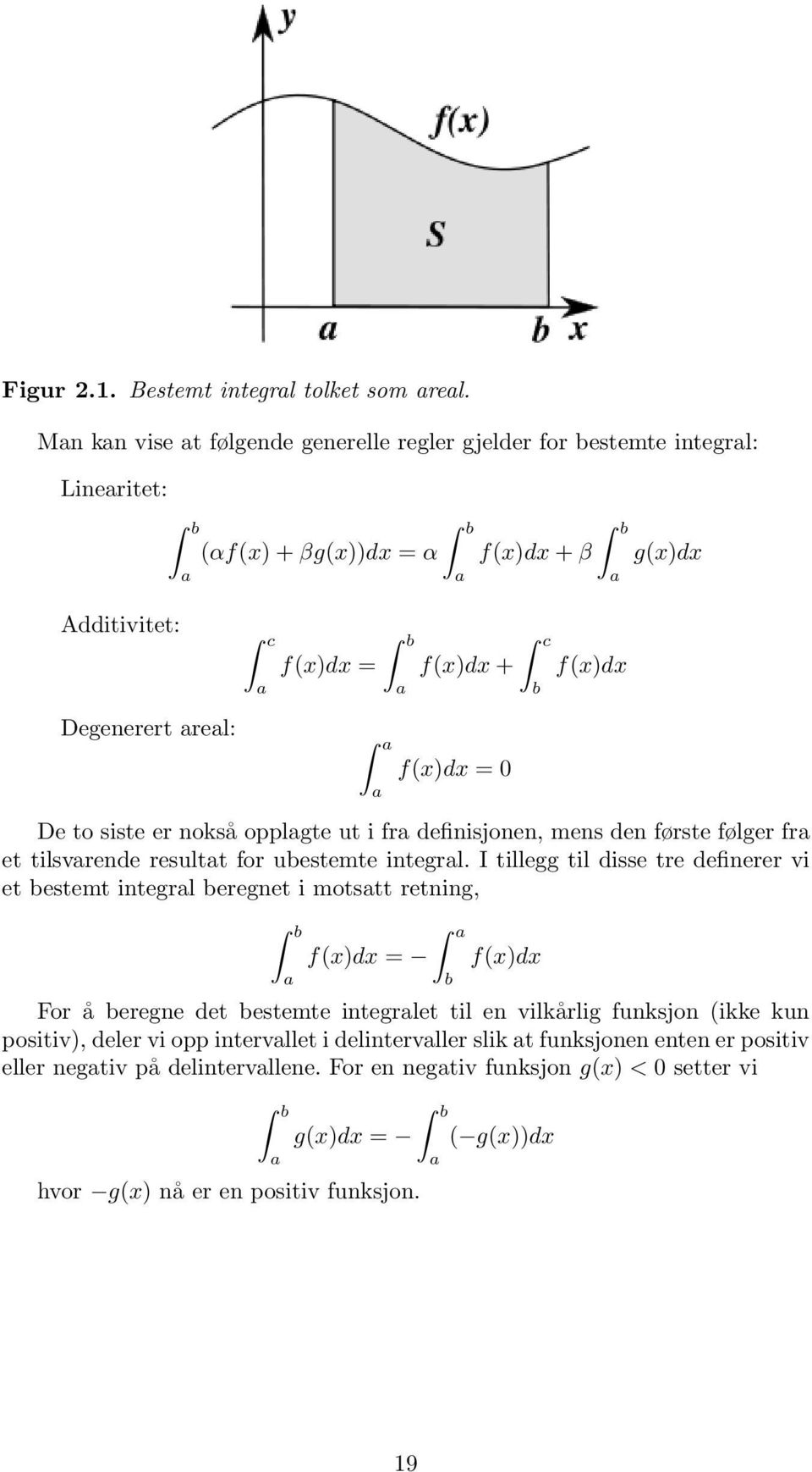 a b Z a a f(x)dx = f(x)dx De to siste er nokså opplagte ut i fra definisjonen, mens den første følger fra et tilsvarende resultat for ubestemte integral.