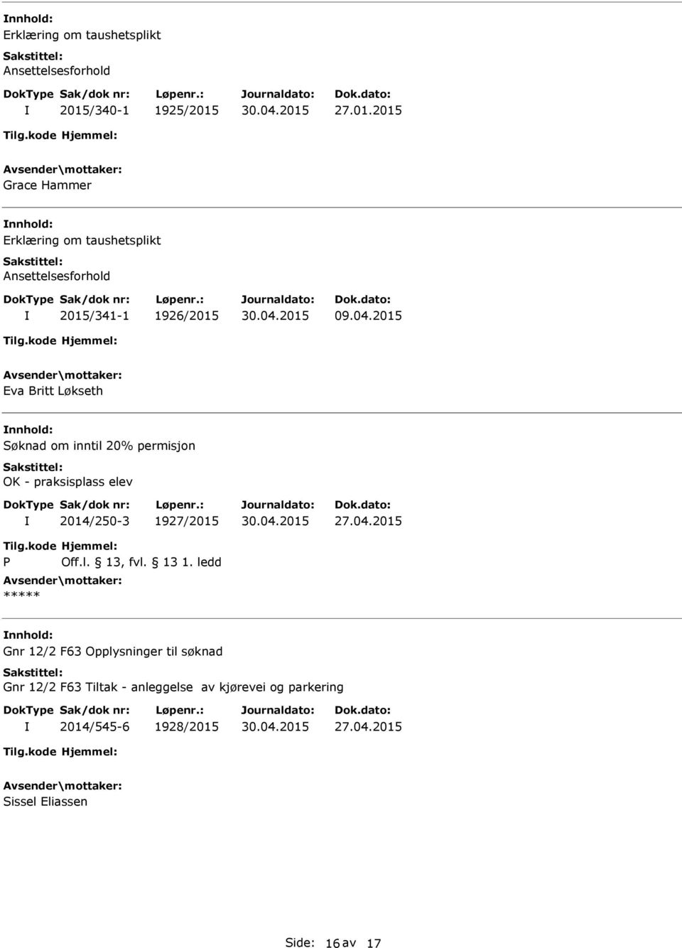 2015 va Britt Løkseth Søknad om inntil 20% permisjon OK - praksisplass elev 2014/250-3 1927/2015 P 1.