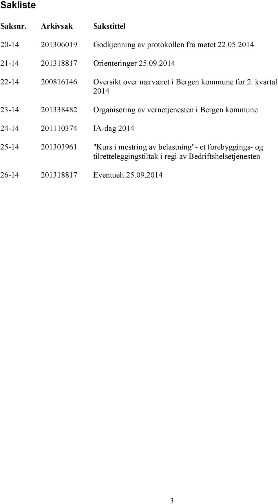 kvartal 2014 23-14 201338482 Organisering av vernetjenesten i Bergen kommune 24-14 201110374 IA-dag 2014 25-14