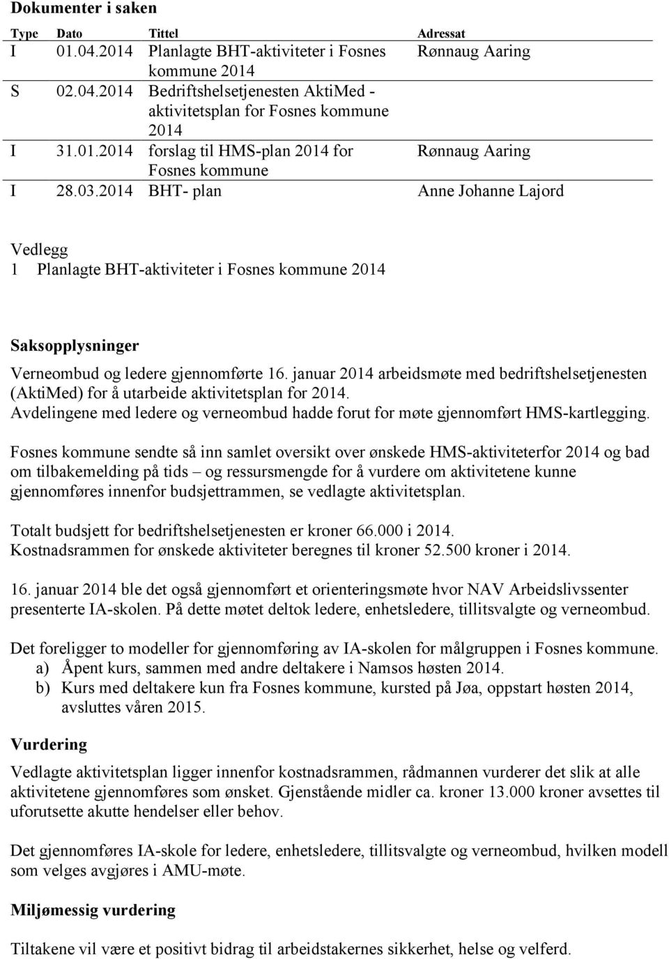 2014 BHT- plan Anne Johanne Lajord Vedlegg 1 Planlagte BHT-aktiviteter i Fosnes kommune 2014 Saksopplysninger Verneombud og ledere gjennomførte 16.