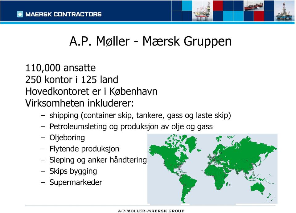 skip, tankere, gass og laste skip) Petroleumsleting og produksjon av olje og