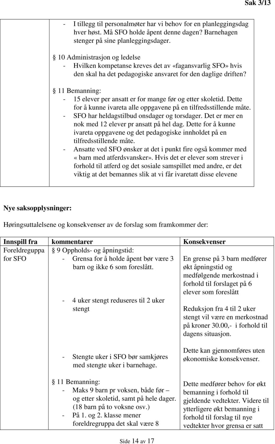 11 Bemanning: - 15 elever per ansatt er for mange før og etter skoletid. Dette for å kunne ivareta alle oppgavene på en tilfredsstillende måte. - SFO har heldagstilbud onsdager og torsdager.