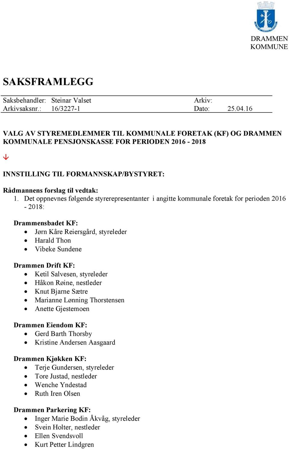 Det oppnevnes følgende styrerepresentanter i angitte kommunale foretak for perioden 2016-2018: Drammensbadet KF: Jørn Kåre Reiersgård, styreleder Harald Thon Vibeke Sundene Drammen Drift KF: Ketil