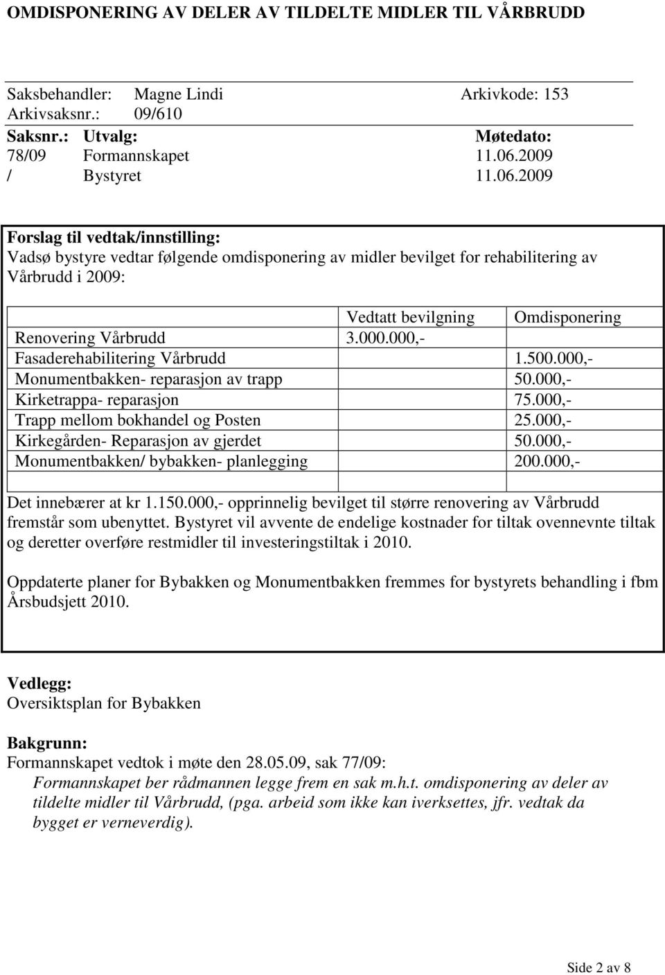 2009 Forslag til vedtak/innstilling: Vadsø bystyre vedtar følgende omdisponering av midler bevilget for rehabilitering av Vårbrudd i 2009: Vedtatt bevilgning Omdisponering Renovering Vårbrudd 3.000.