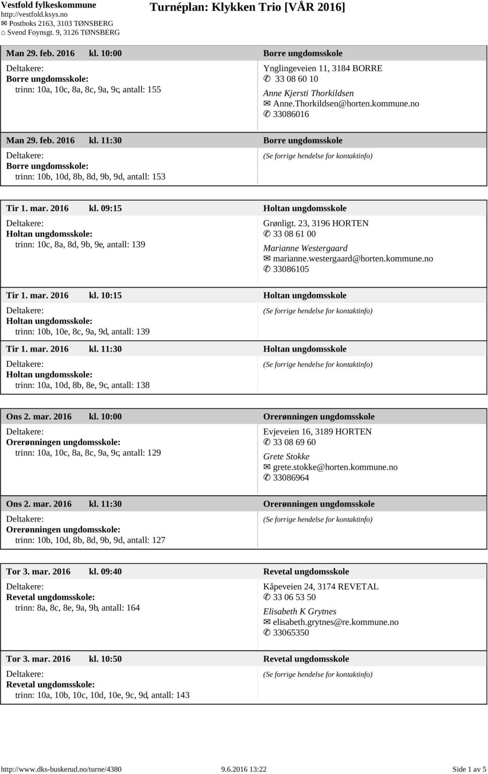 23, 3196 HORTEN 33 08 61 00 Marianne Westergaard marianne.westergaard@horten.kommune.no 33086105 Tir 1. mar. 2016 kl. 10:15 Holtan ungdomsskole trinn: 10b, 10e, 8c, 9a, 9d, antall: 139 Tir 1. mar. 2016 kl. 11:30 Holtan ungdomsskole trinn: 10a, 10d, 8b, 8e, 9c, antall: 138 Ons 2.