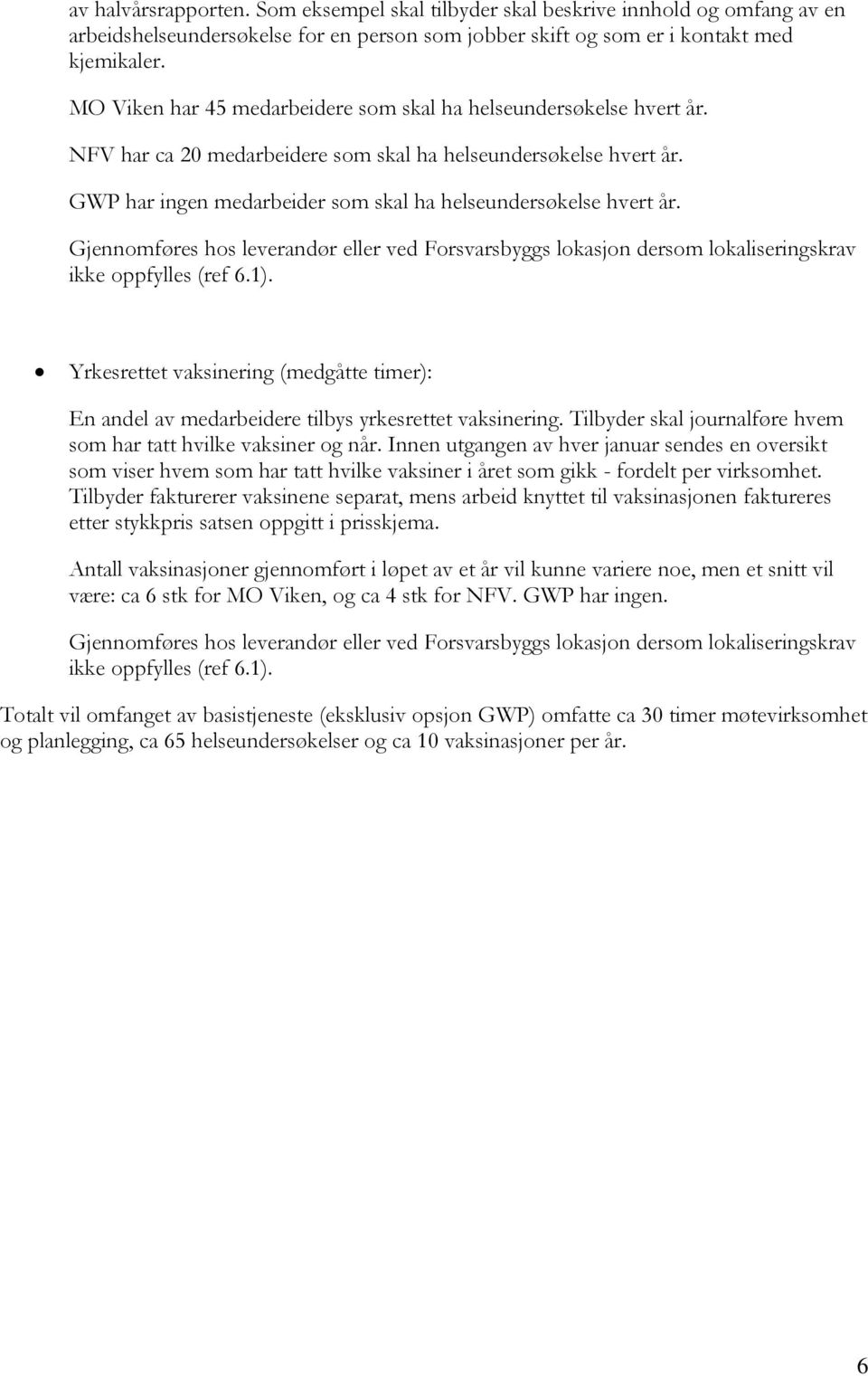 GWP har ingen medarbeider som skal ha helseundersøkelse hvert år. Gjennomføres hos leverandør eller ved Forsvarsbyggs lokasjon dersom lokaliseringskrav ikke oppfylles (ref 6.1).