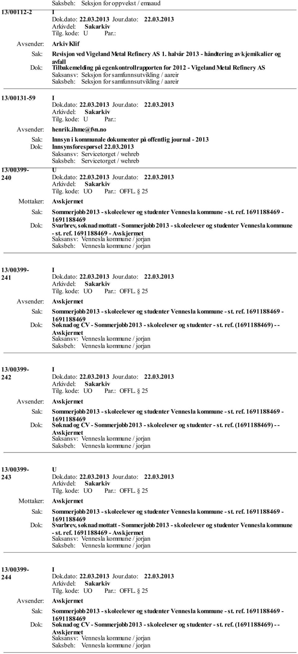 samfunnsutvikling / aareir 13/00131-59 henrik.ihme@fvn.no nnsyn i kommunale dokumenter på offentlig journal - 2013 nnsynsforespørsel 22.03.