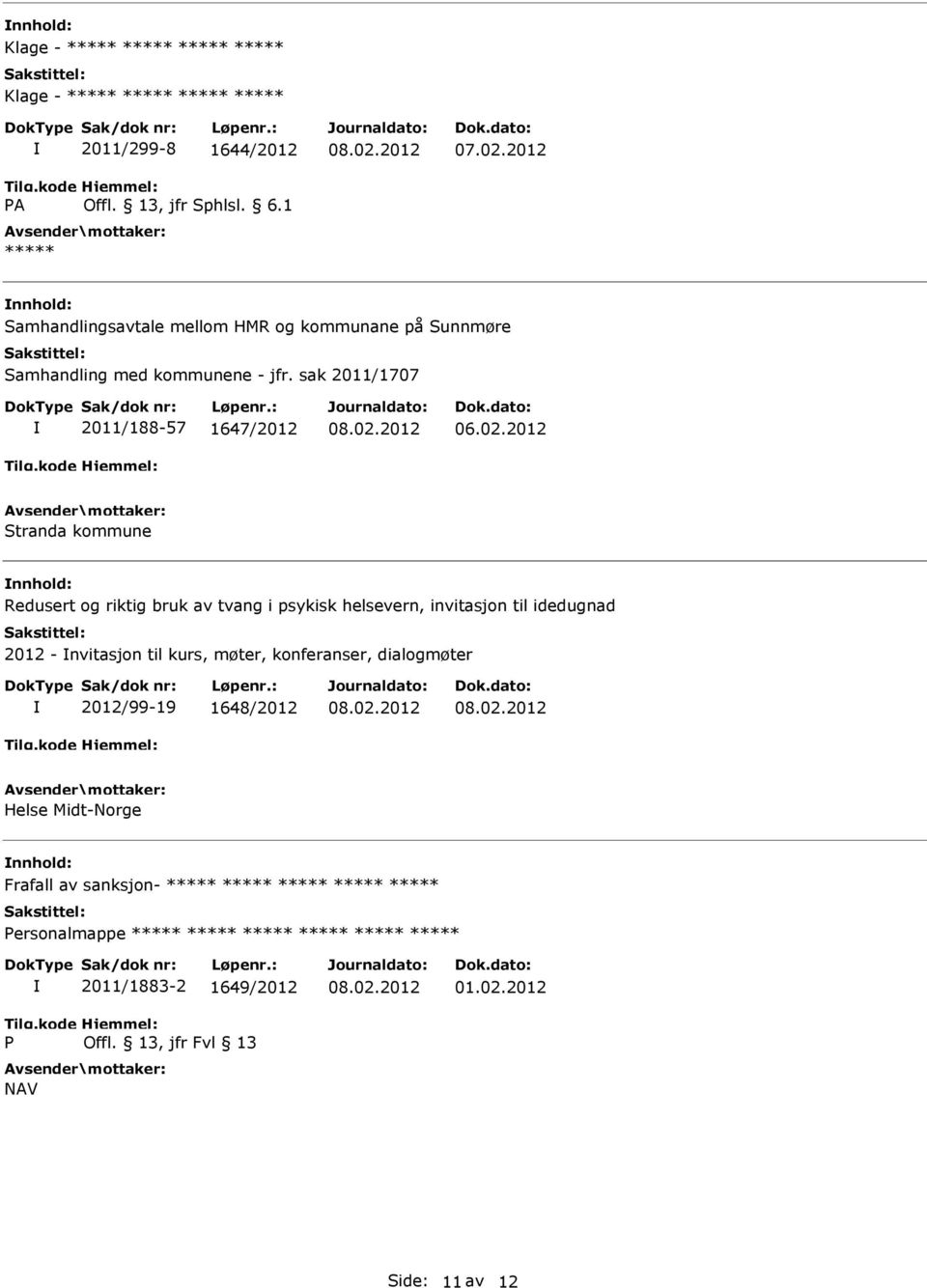 sak 2011/1707 2011/188-57 1647/2012 Stranda kommune Redusert og riktig bruk av tvang i psykisk helsevern, invitasjon til idedugnad 2012 -