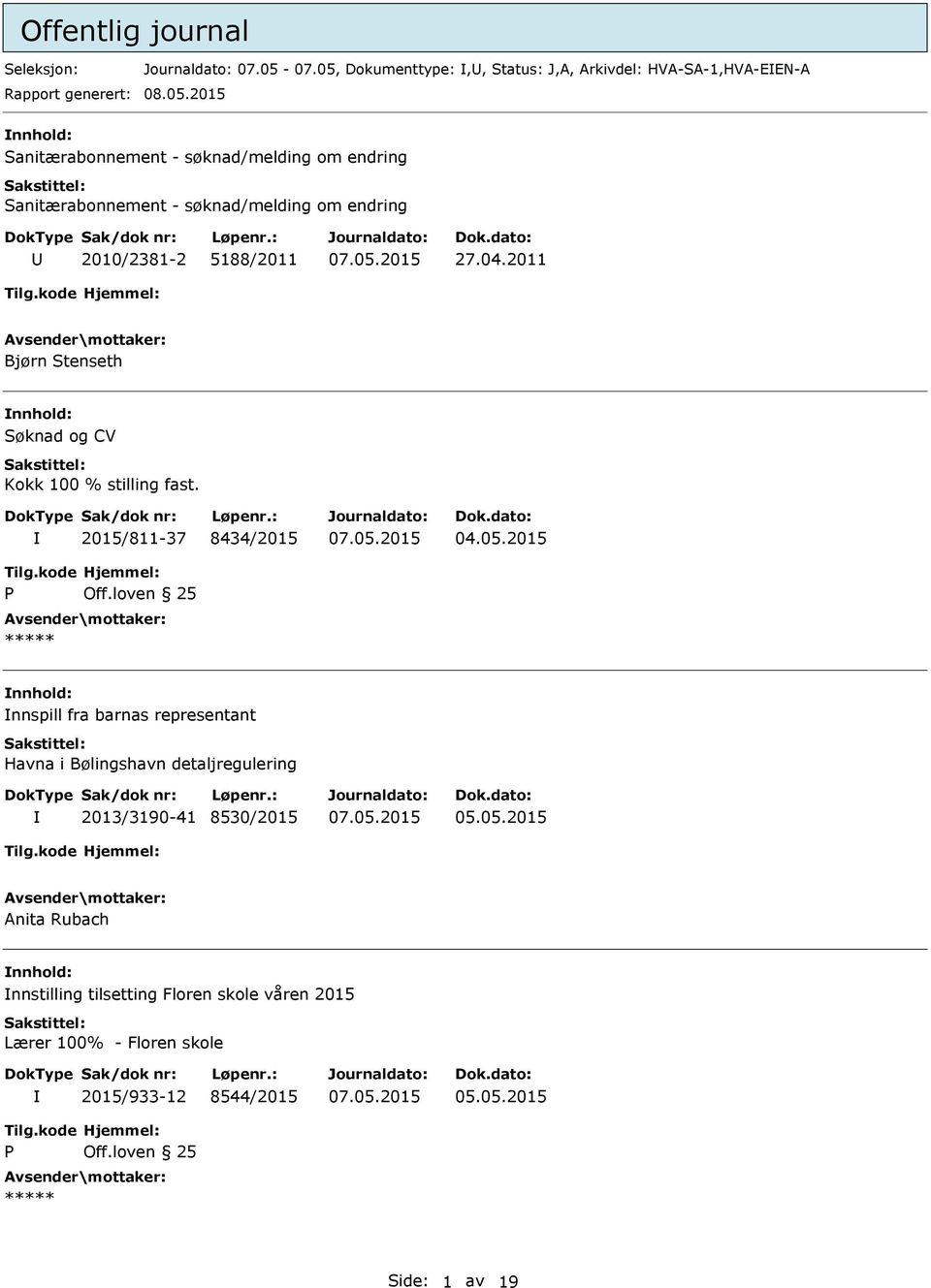 04.2011 Bjørn Stenseth Søknad og CV Kokk 100 % stilling fast. 2015/811-37 8434/2015 04.05.2015 Tilg.kode P Hjemmel: Off.