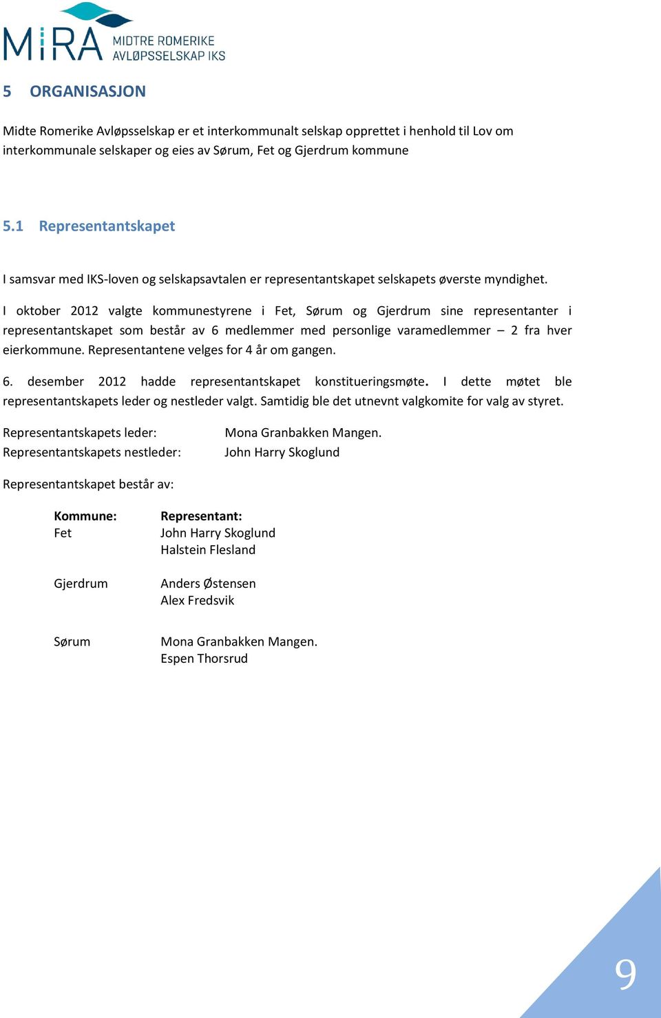 I oktober 2012 valgte kommunestyrene i Fet, Sørum og Gjerdrum sine representanter i representantskapet som består av 6 medlemmer med personlige varamedlemmer 2 fra hver eierkommune.