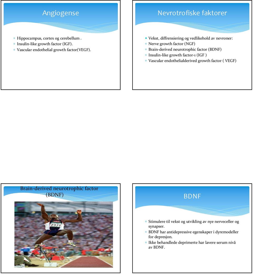 (IGF ) Vascular endothelialderived growth factor( VEGF) Brain-derived neurotrophic factor (BDNF) BDNF Stimulere til vekst og utvikling av nye