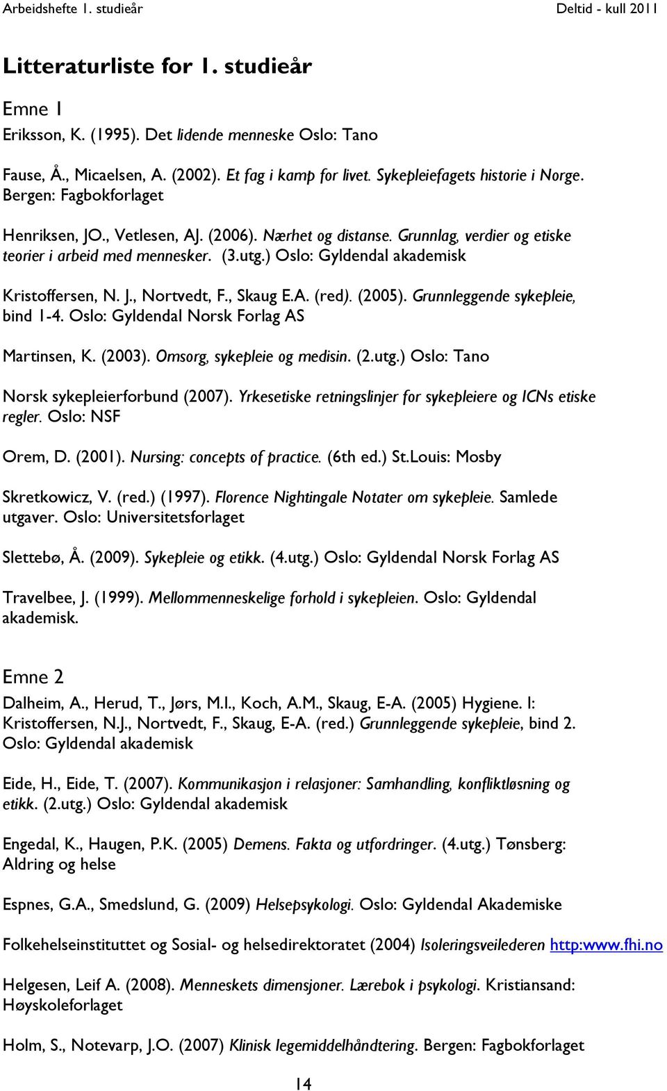 , Skaug E.A. (red). (2005). Grunnleggende sykepleie, bind 1-4. Oslo: Gyldendal Norsk Forlag AS Martinsen, K. (2003). Omsorg, sykepleie og medisin. (2.utg.) Oslo: Tano Norsk sykepleierforbund (2007).