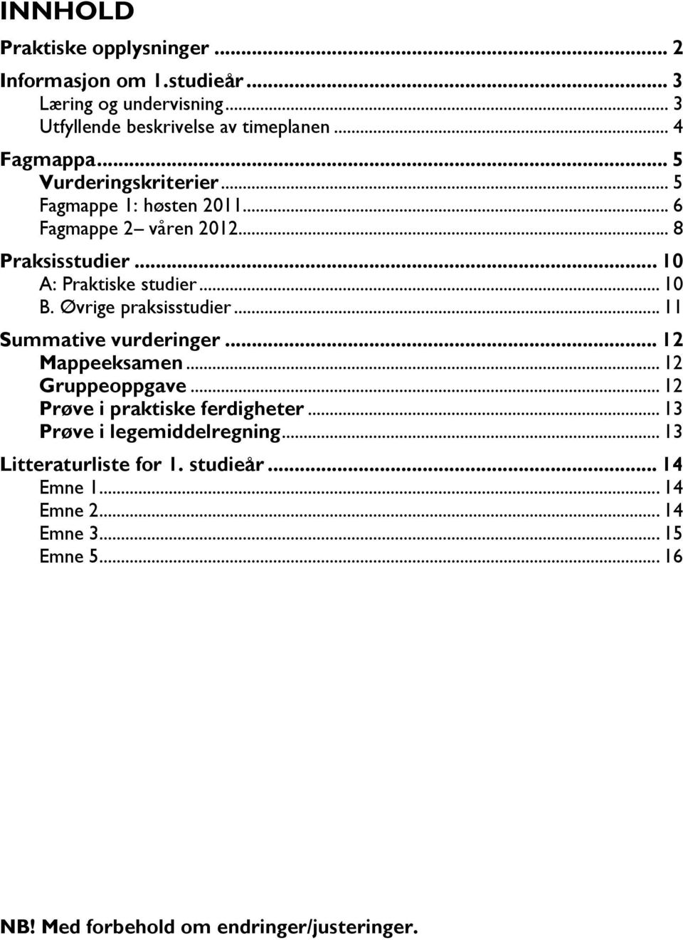 Øvrige praksisstudier... 11 Summative vurderinger... 12 Mappeeksamen... 12 Gruppeoppgave... 12 Prøve i praktiske ferdigheter.