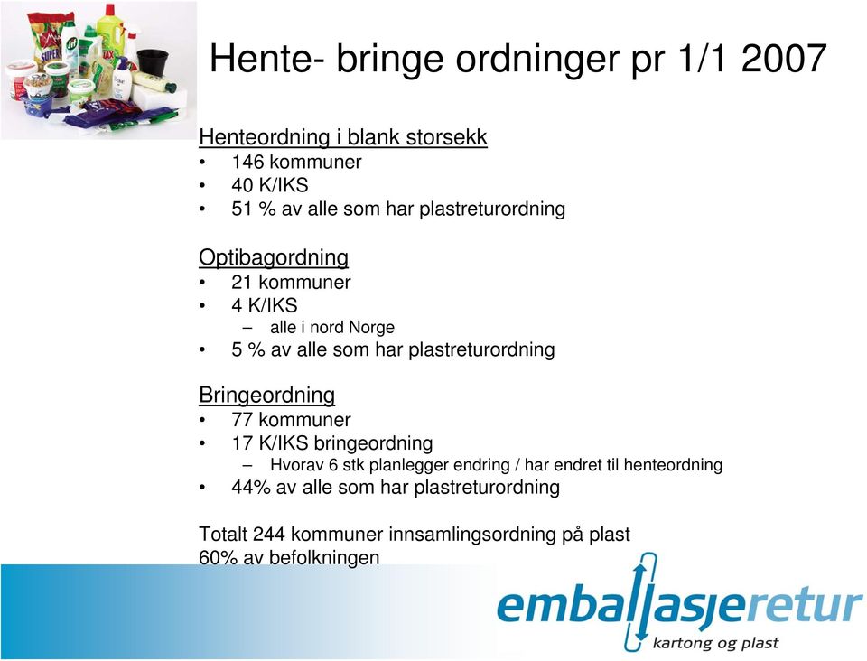 Bringeordning 77 kommuner 17 K/IKS bringeordning Hvorav 6 stk planlegger endring / har endret til