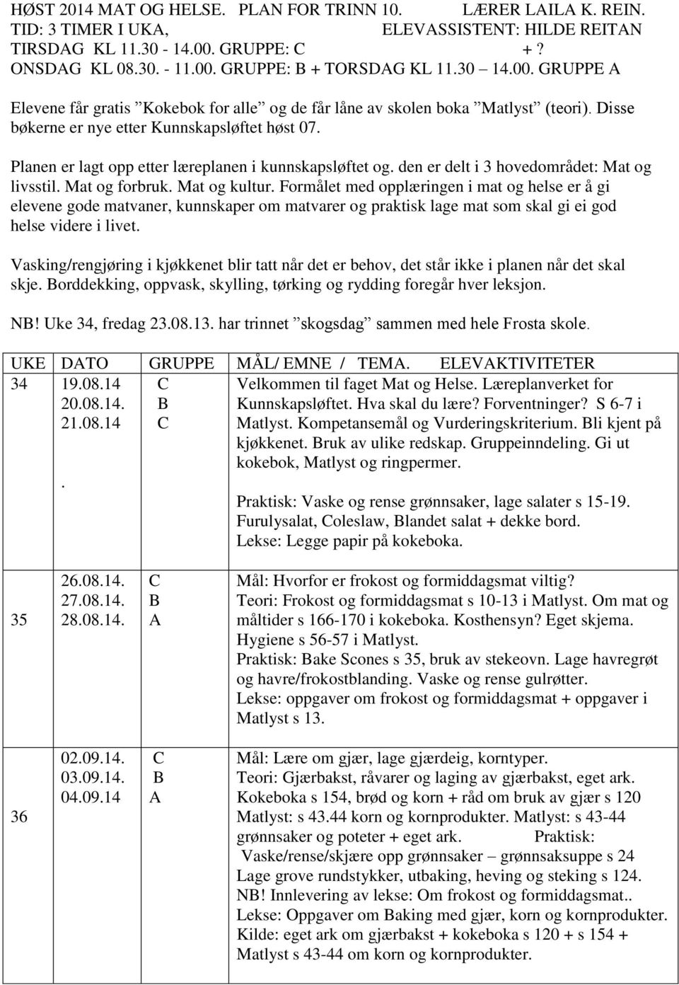 HØST 2014 MAT OG HELSE. PLAN FOR TRINN 10. LÆRER LAILA K. REIN. - PDF  Gratis nedlasting