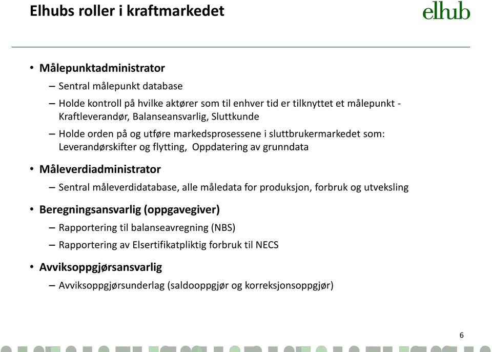 grunndata Måleverdiadministrator Sentral måleverdidatabase, alle måledata for produksjon, forbruk og utveksling Beregningsansvarlig (oppgavegiver) Rapportering